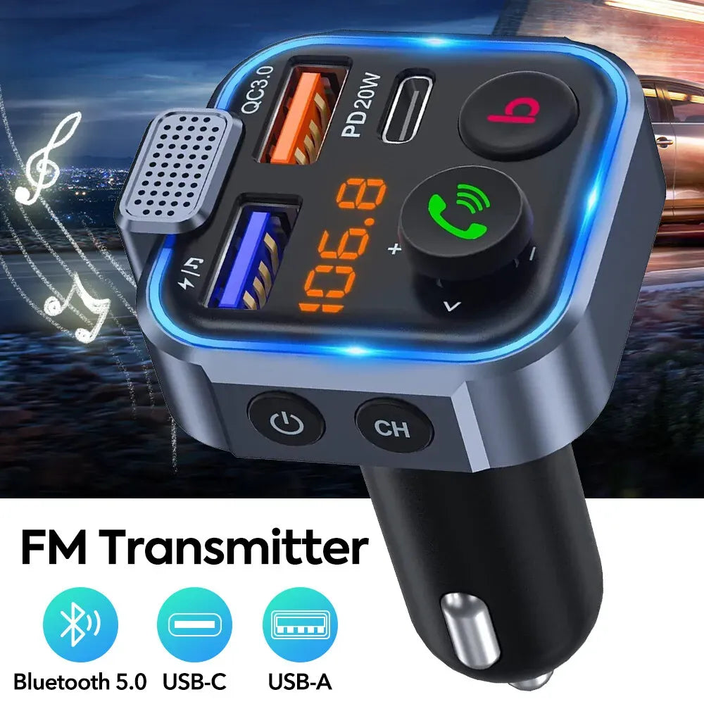 Bluetooth 5.0 FM Transmitter Car Adapter with PD 20W Fast Charger and Dual USB Ports in Black
