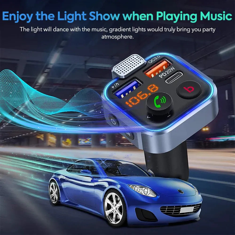 Bluetooth 5.0 FM Transmitter Car Adapter with PD 20W Fast Charger and Dual USB Ports in Black