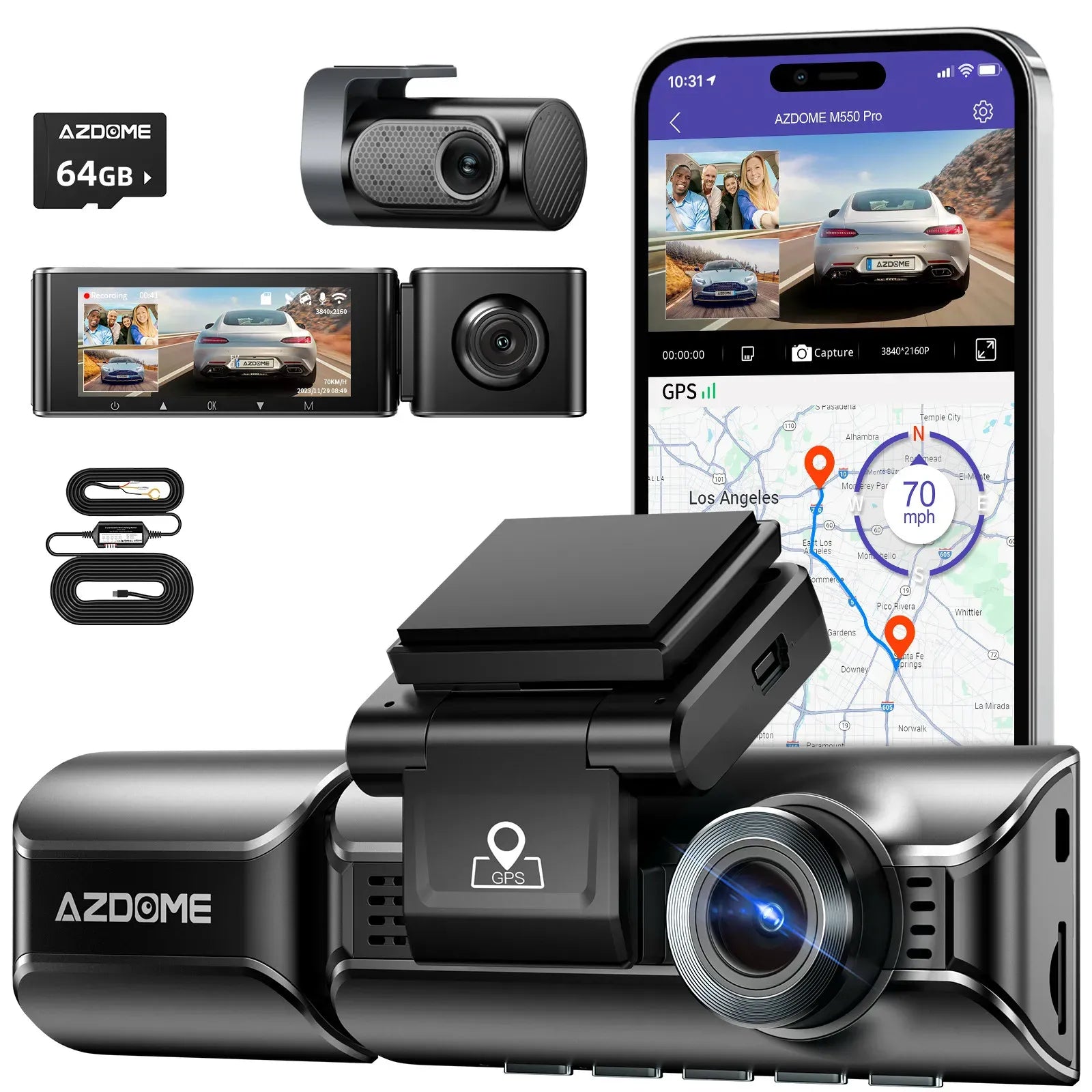 3-Channel 4K+1080P Dash Cam with 5G WiFi, GPS, and Parking Mode - Black