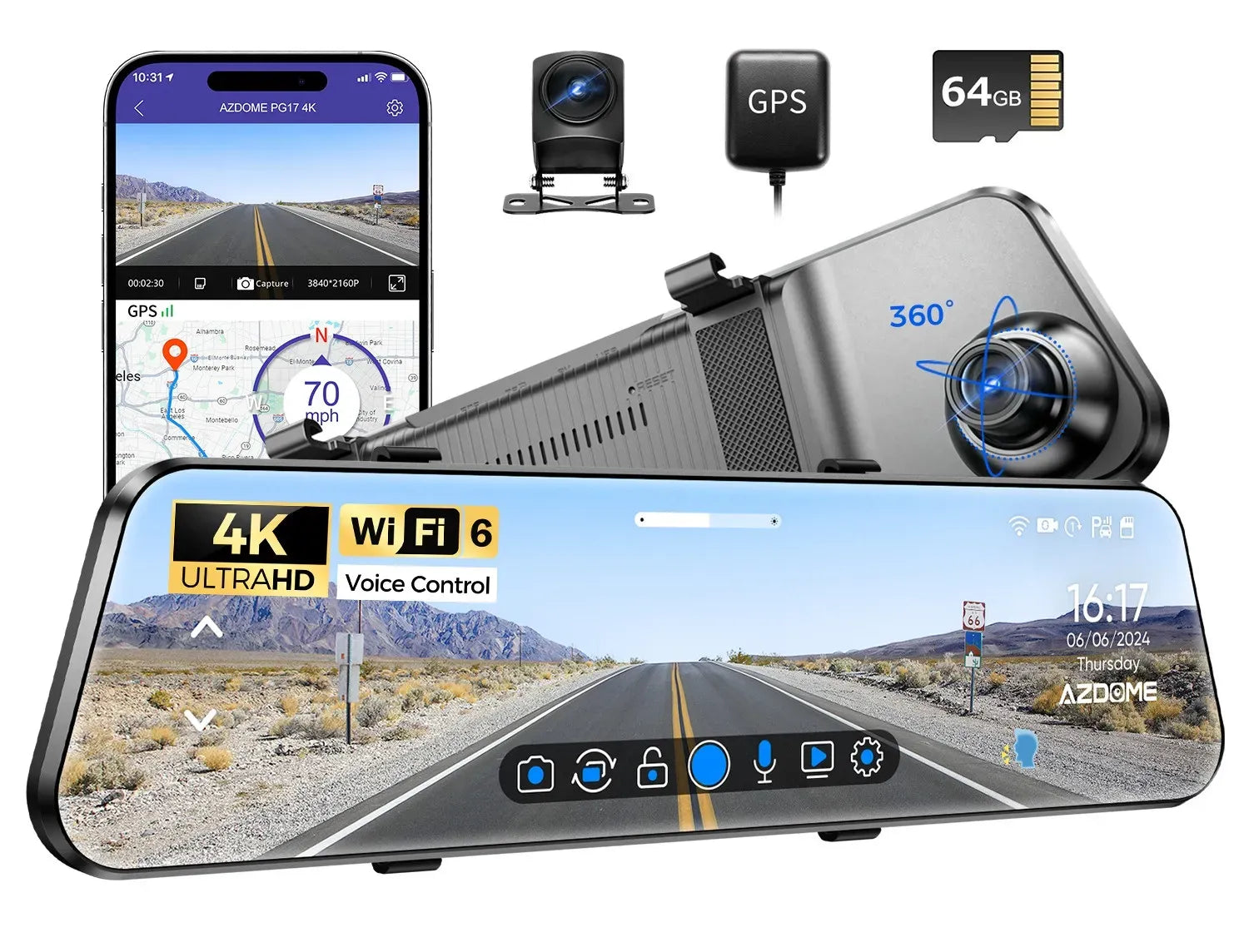 12" Black Dual 4K+1080P Rear View Mirror Dash Cam with WiFi 6, GPS, Night Vision, 64GB