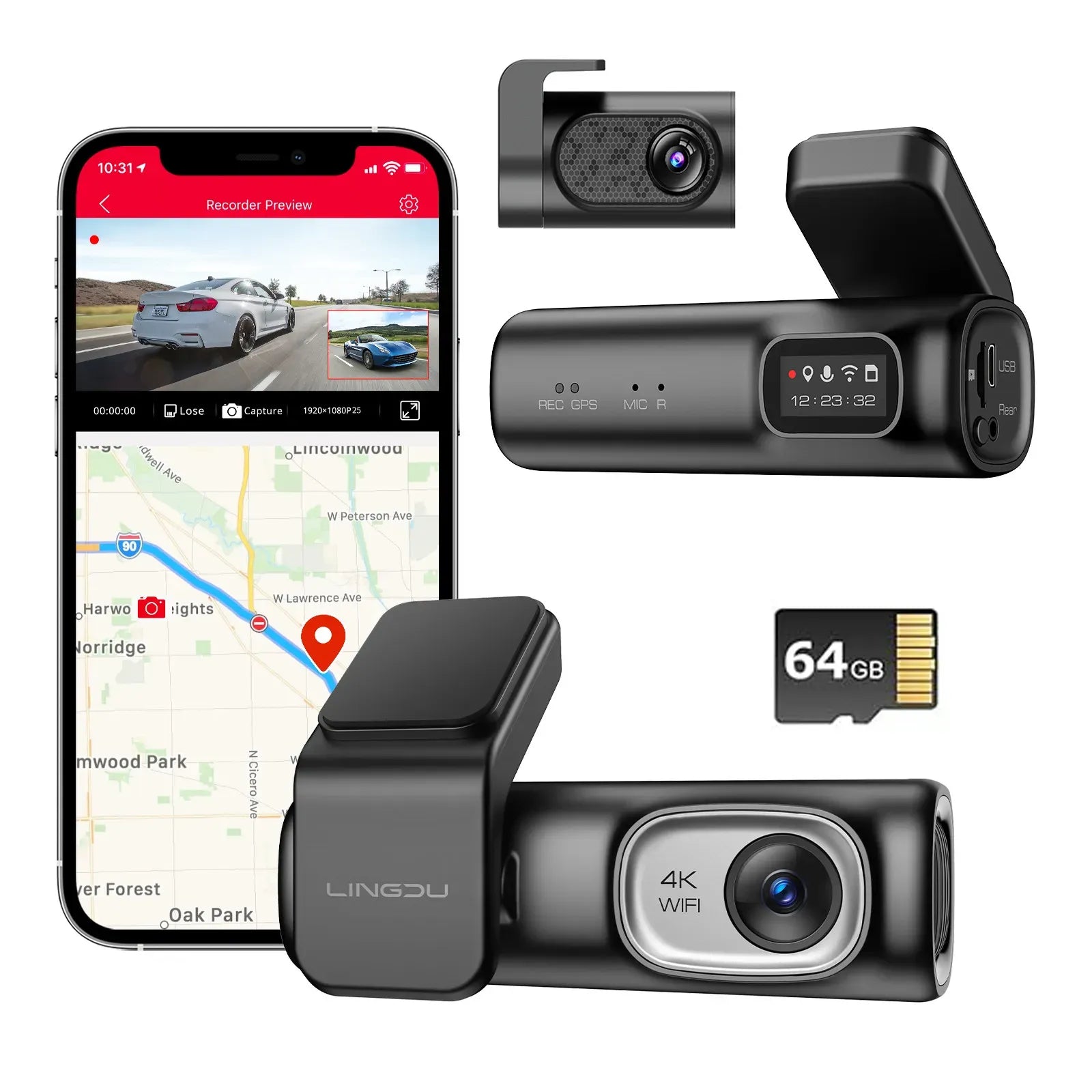 2 Channel 4K Dashcam with 1080P, 5G WiFi, GPS, Parking Monitor, Voice Control, Free 64GB TF Card