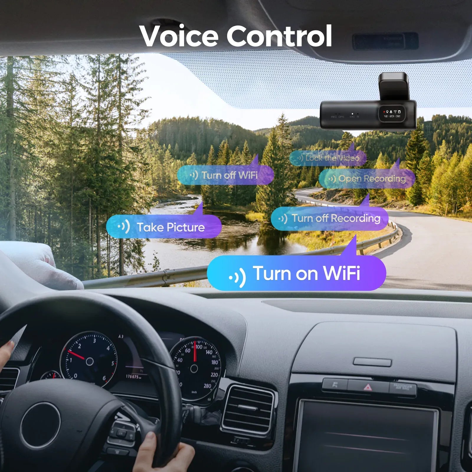 2 Channel 4K Dashcam with 1080P, 5G WiFi, GPS, Parking Monitor, Voice Control, Free 64GB TF Card