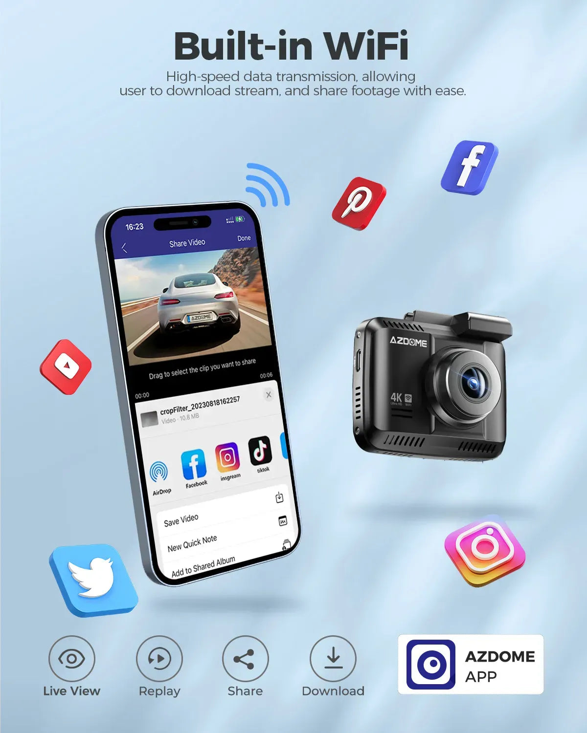 4K Ultra HD 2160P WiFi Dash Cam in Black with GPS and IR Night Vision