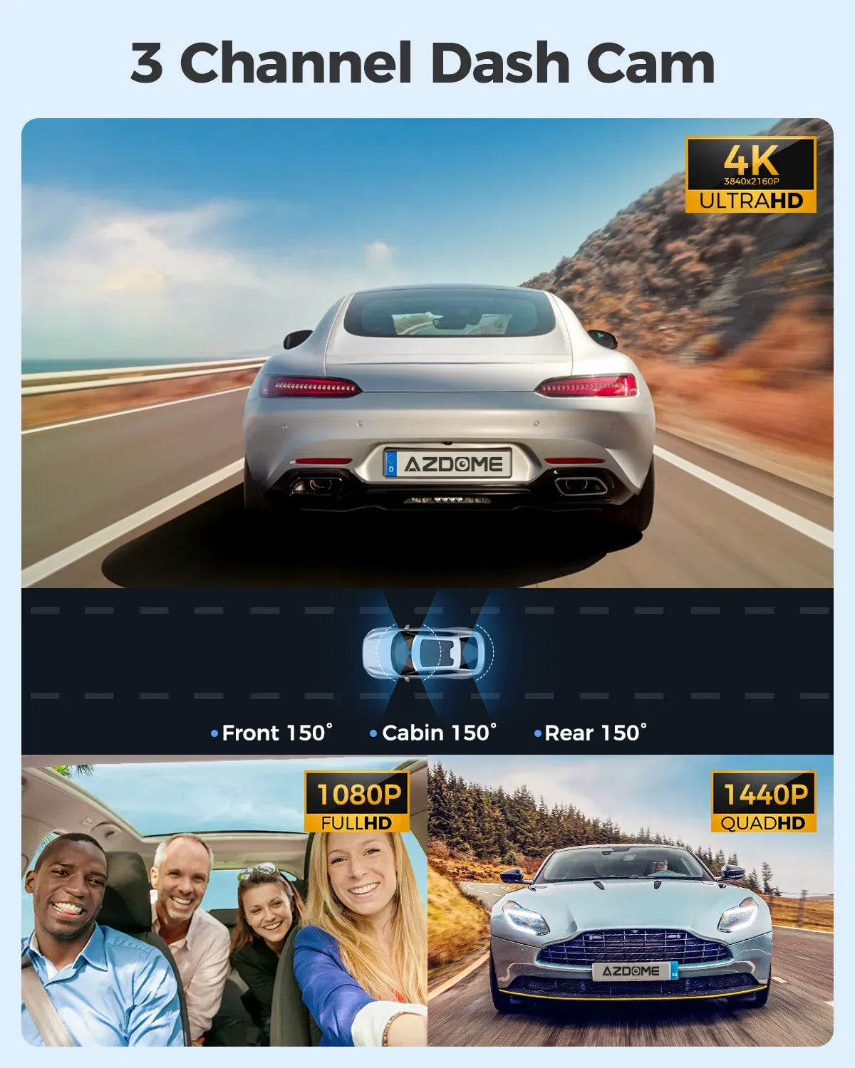 3 Channel Dash Cam in Black with WiFi, GPS, 4K+1080P+2.5K, 64GB Card, Parking Mode