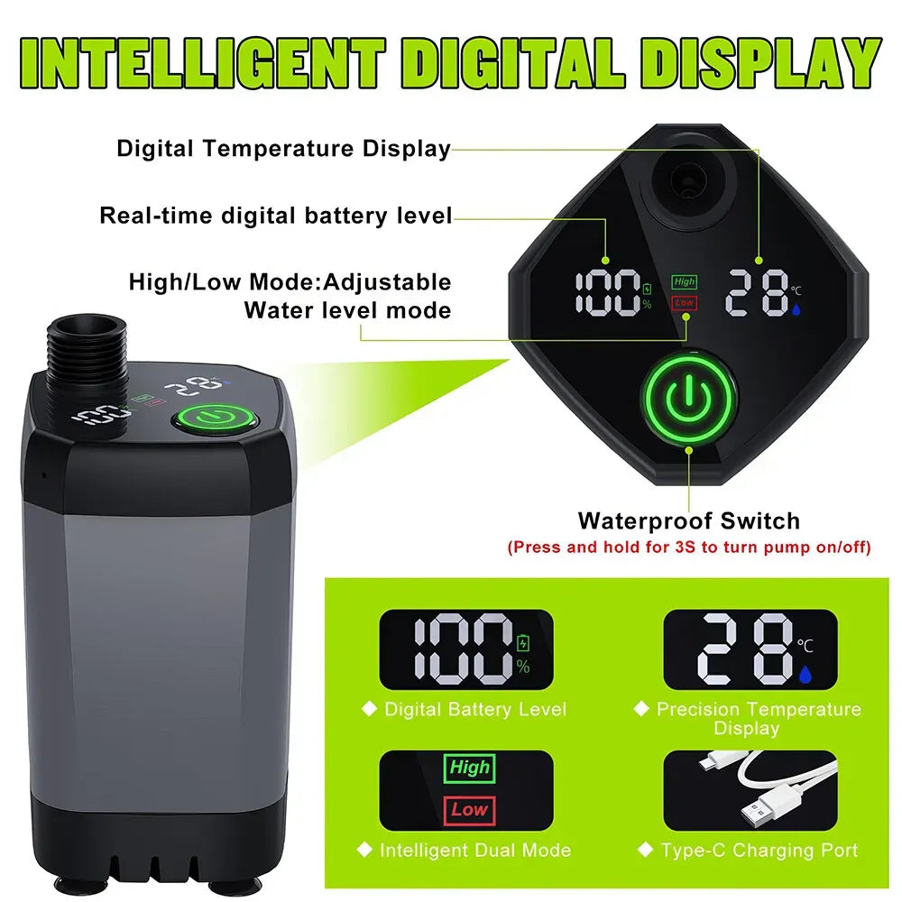 Portable Black Camping Shower with 6000mAh Rechargeable Battery and LED Display