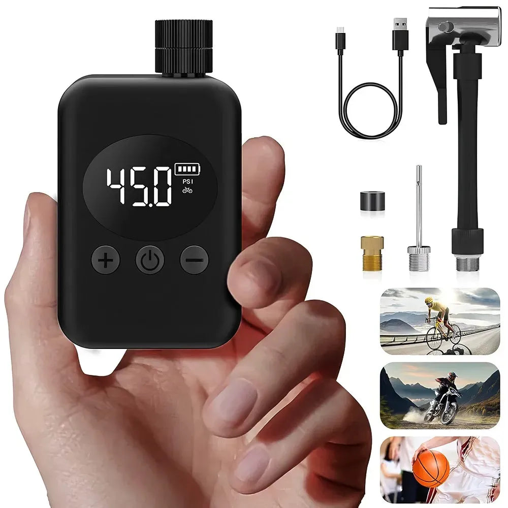 Mini Electric Bike Tyre Pump Black 150 PSI with Digital Gauge for Presta and Schrader Valves