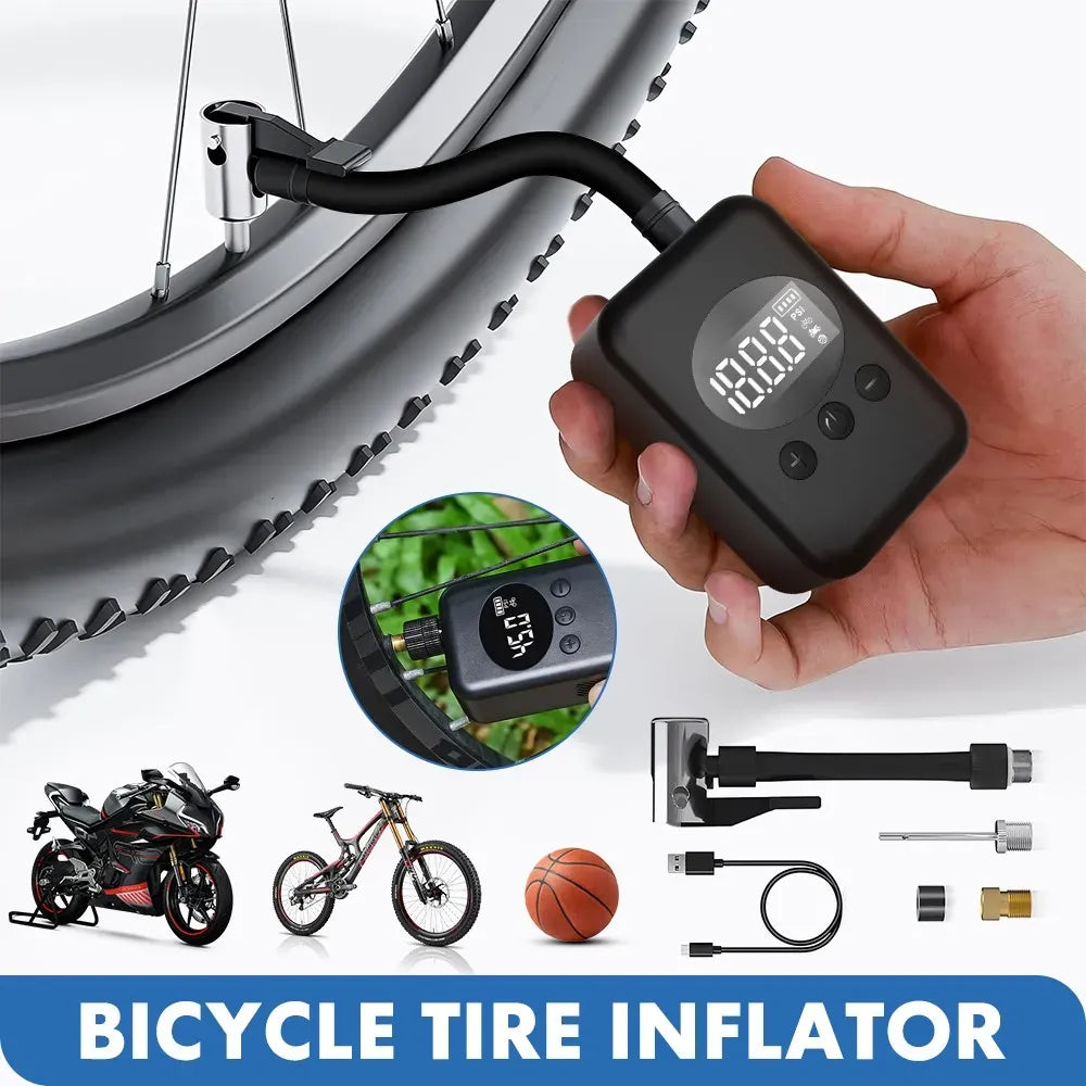 Mini Electric Bike Tyre Pump Black 150 PSI with Digital Gauge for Presta and Schrader Valves