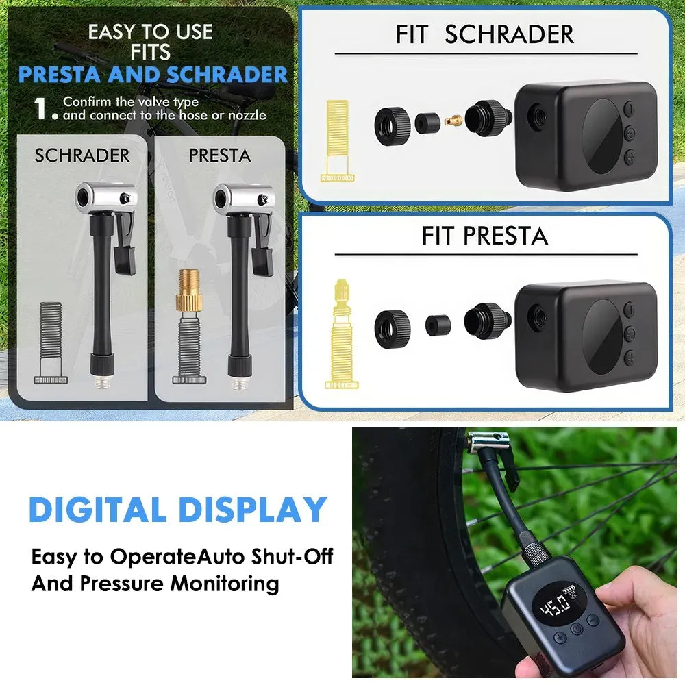 Mini Electric Bike Tyre Pump Black 150 PSI with Digital Gauge for Presta and Schrader Valves