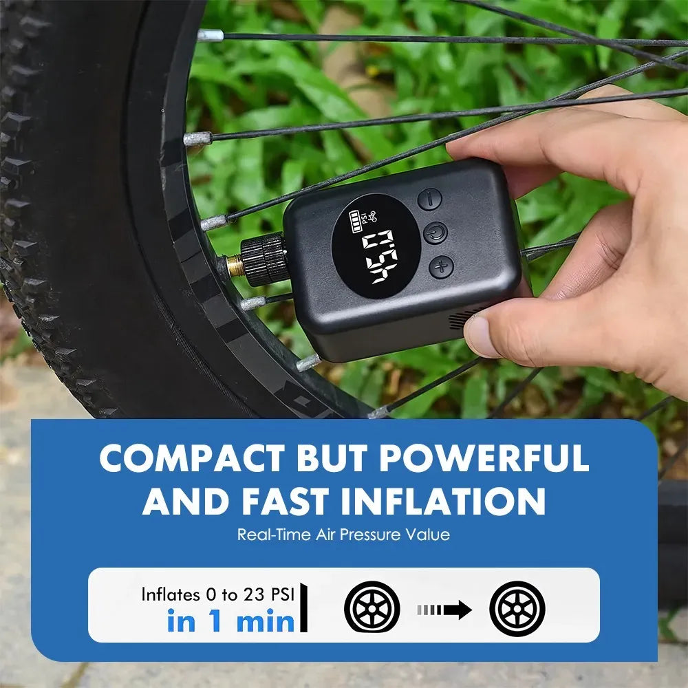 Mini Electric Bike Tyre Pump Black 150 PSI with Digital Gauge for Presta and Schrader Valves
