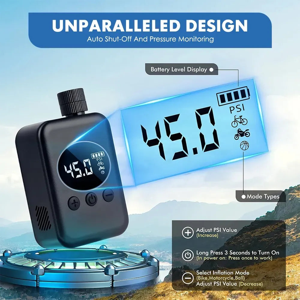Mini Electric Bike Tyre Pump Black 150 PSI with Digital Gauge for Presta and Schrader Valves