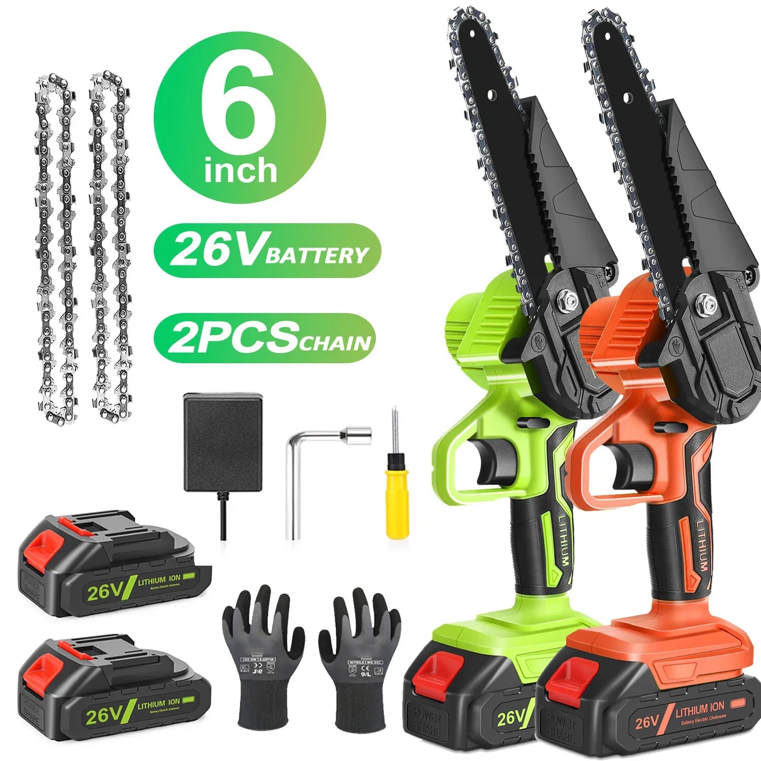 6" Mini Cordless Electric Chainsaw in Black and Orange with 2 Batteries