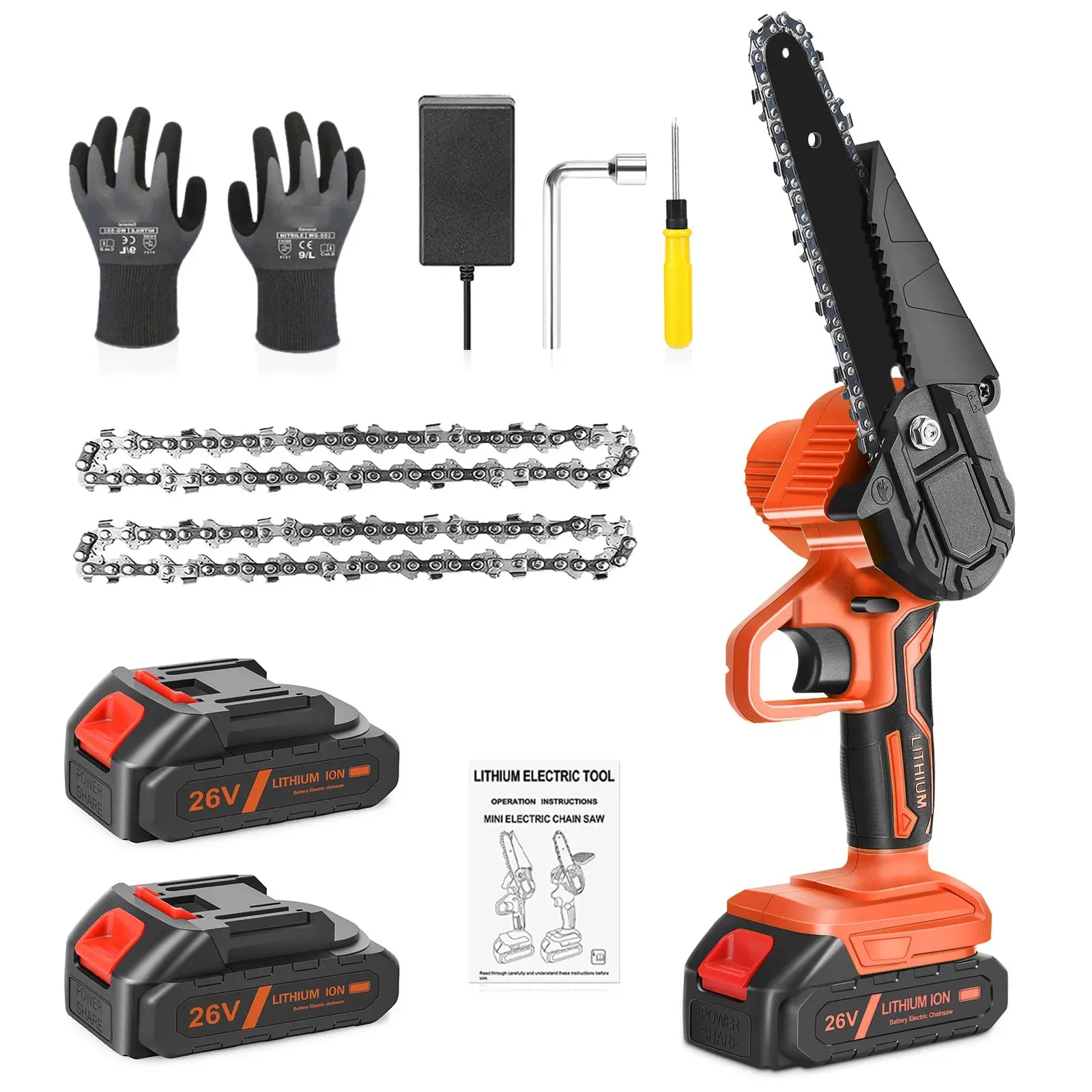 6" Mini Cordless Electric Chainsaw in Black and Orange with 2 Batteries