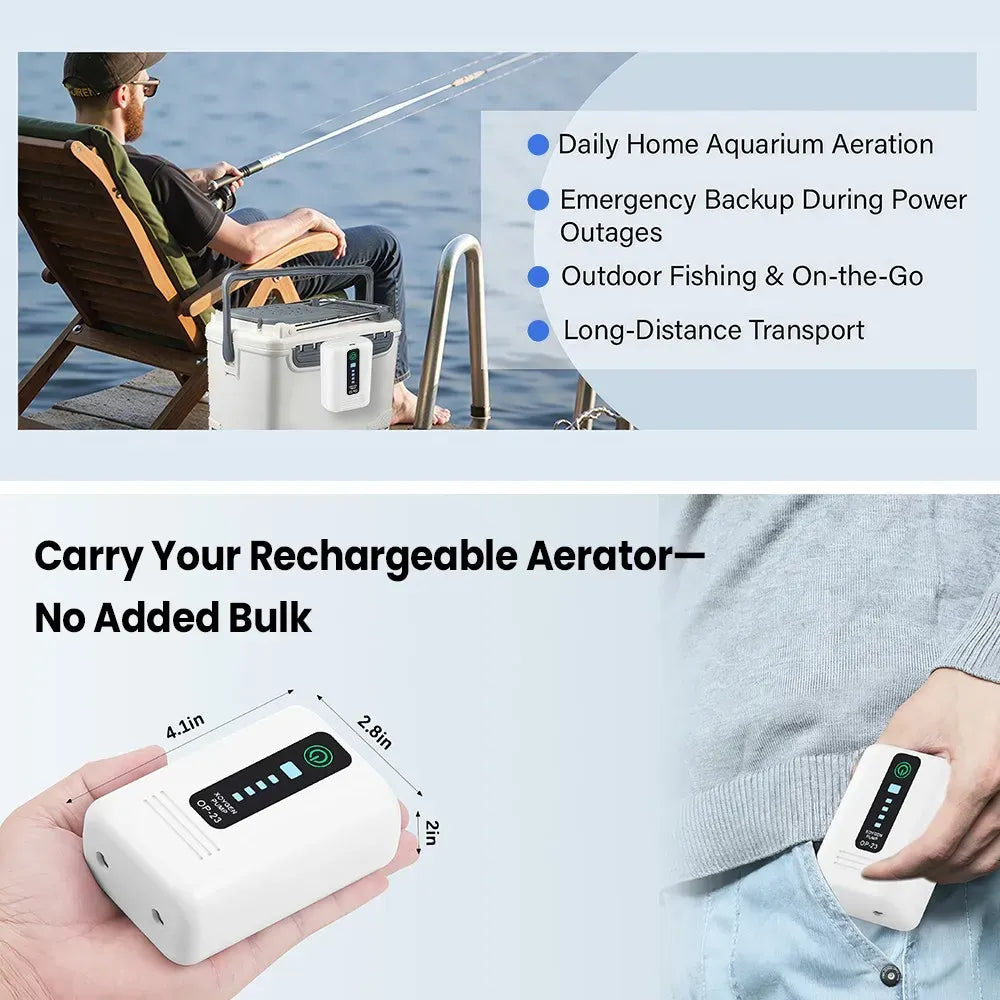 Aquarium Oxygen Pump Black USB Rechargeable Air Pump for Fish Tanks and Bait Buckets with 2 Outlets