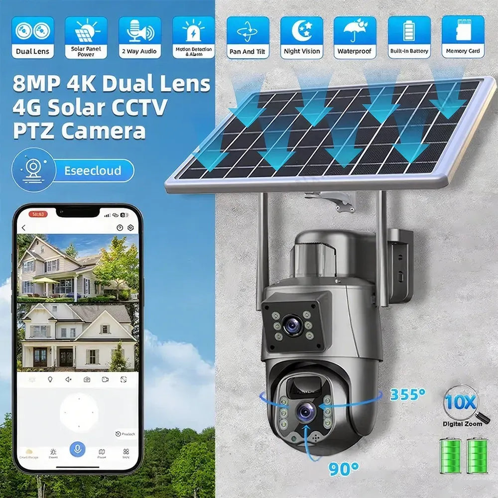 Dual Lens 8MP Full HD Solar Security Camera with 360° View and Night Vision