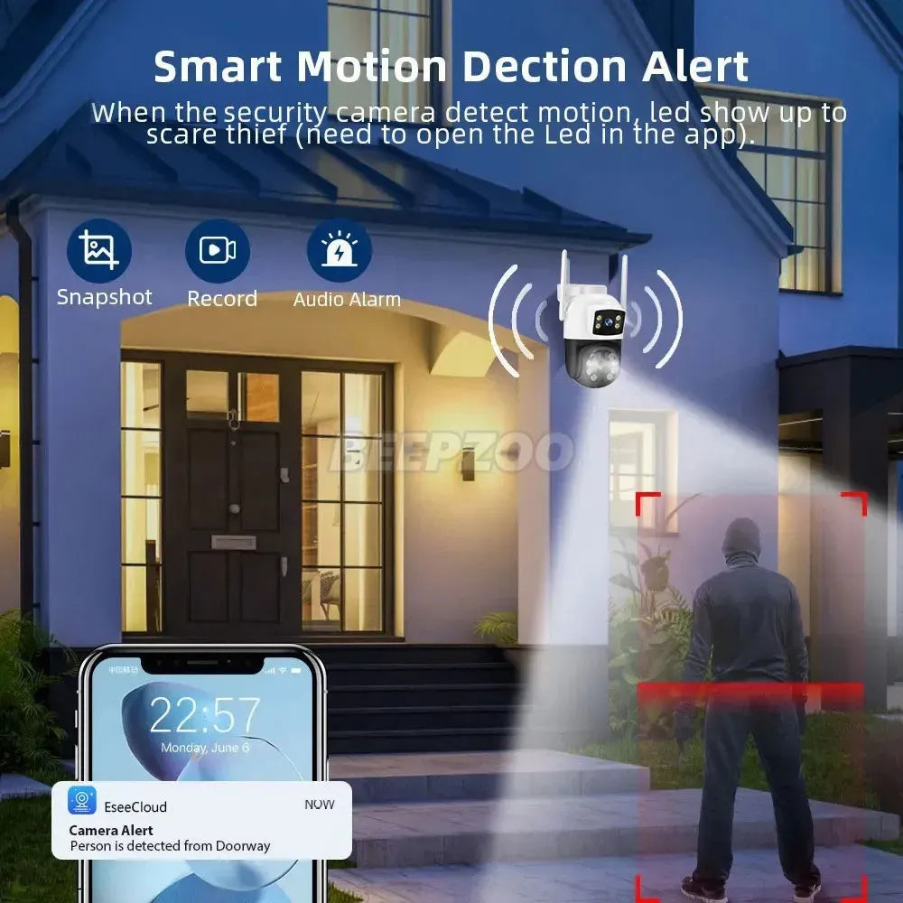 White Wireless 4K Outdoor Security Camera, Waterproof IP Surveillance, Dual-Lens, Black