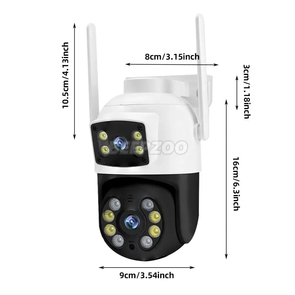 White Wireless 4K Outdoor Security Camera, Waterproof IP Surveillance, Dual-Lens, Black