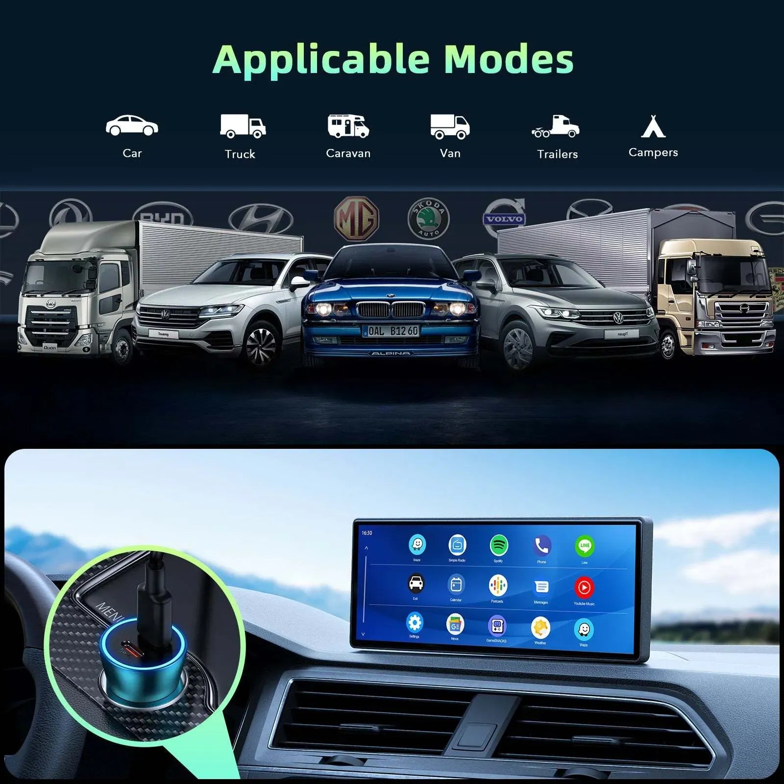 10.26" Portable Black Car Wireless Apple CarPlay Android Auto FM Touch Screen Radio