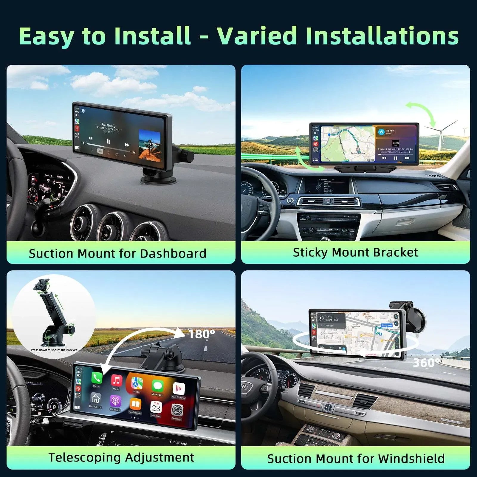 10.26" Portable Black Car Wireless Apple CarPlay Android Auto FM Touch Screen Radio