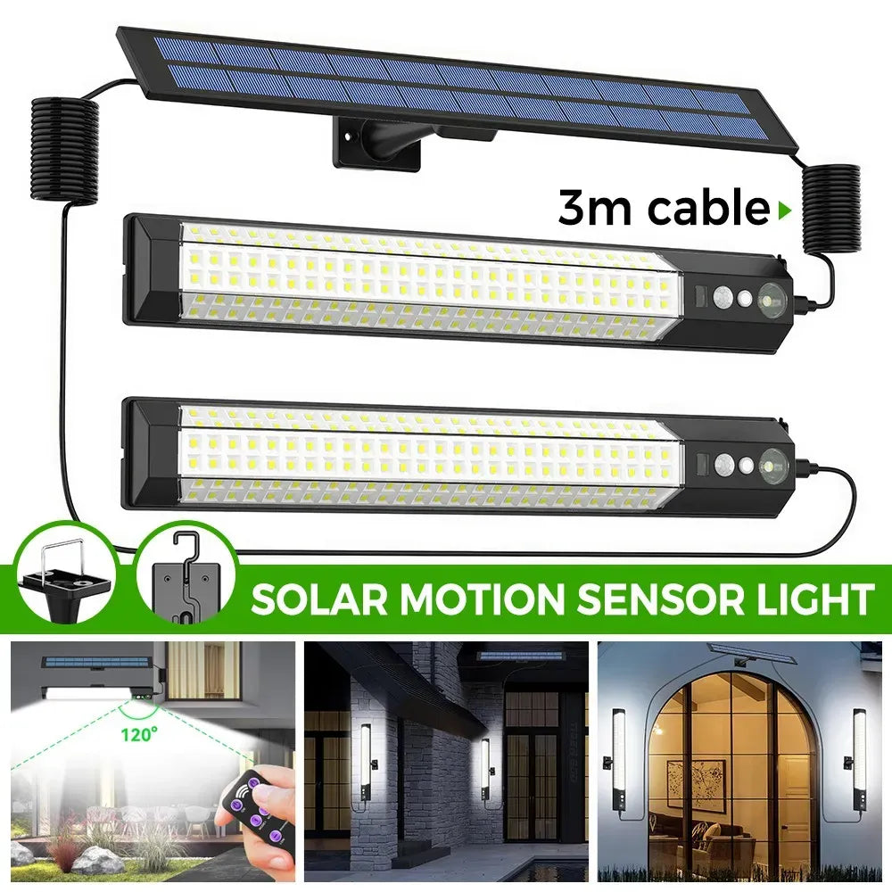 Solar Powered LED Motion Sensor Wall Light, Black, 2000LM, IP65, 3 Modes