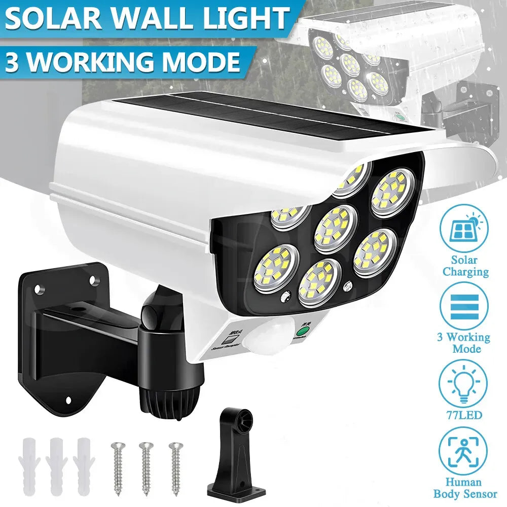 White 77 LED Solar Motion Sensor Light with Remote, Black Outdoor Security Flood Lamp