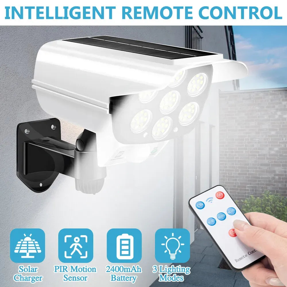 White 77 LED Solar Motion Sensor Light with Remote, Black Outdoor Security Flood Lamp