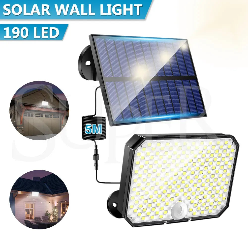 190 LED Black Solar Powered Motion Sensor Outdoor Security Flood Light