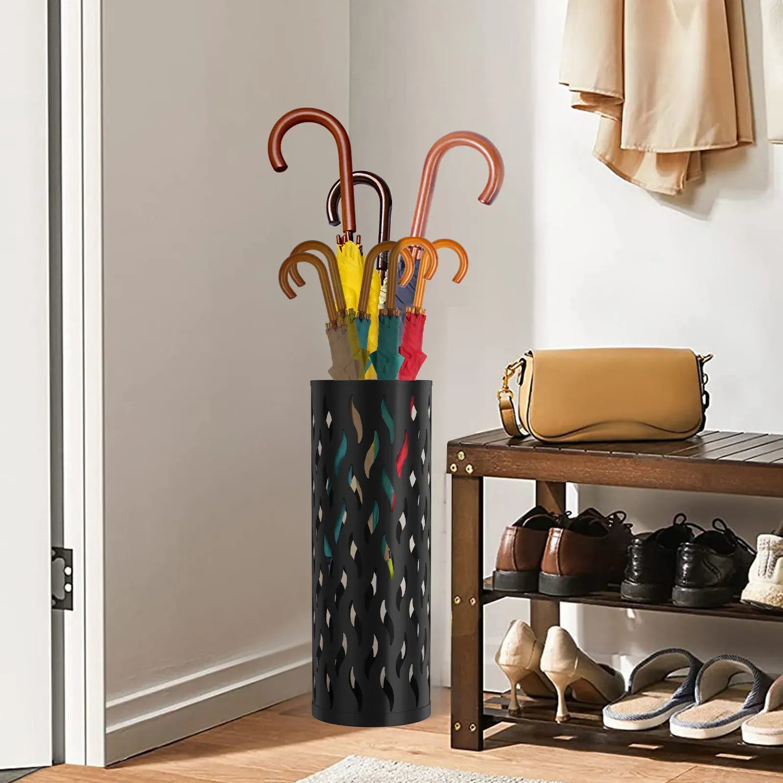 Metal Umbrella Stand in Black - Hollowed Design, 15x15x42cm, Holds 4-6 Long Umbrellas