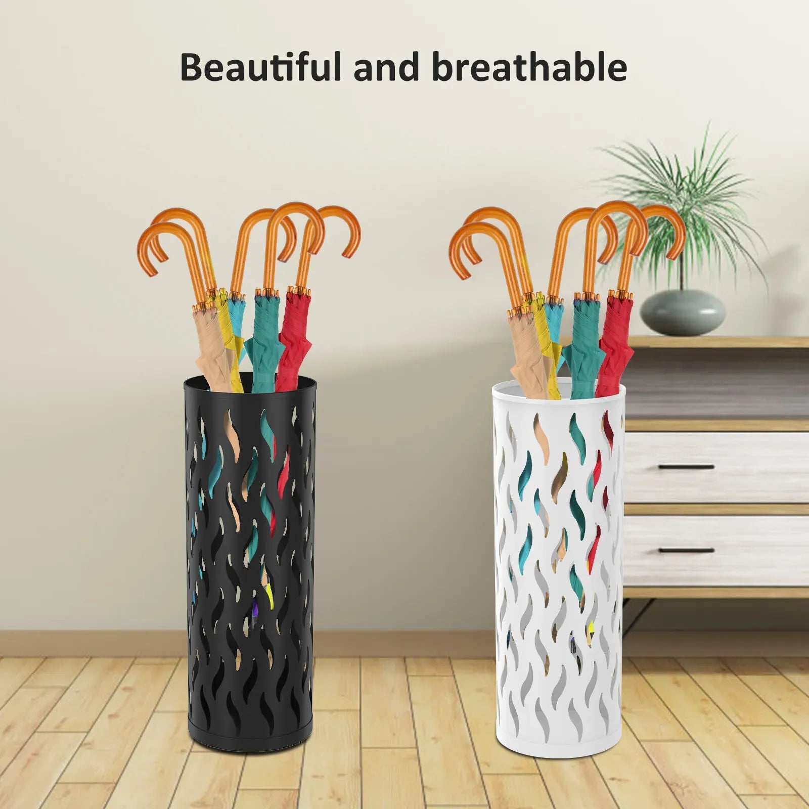 Metal Umbrella Stand in Black - Hollowed Design, 15x15x42cm, Holds 4-6 Long Umbrellas