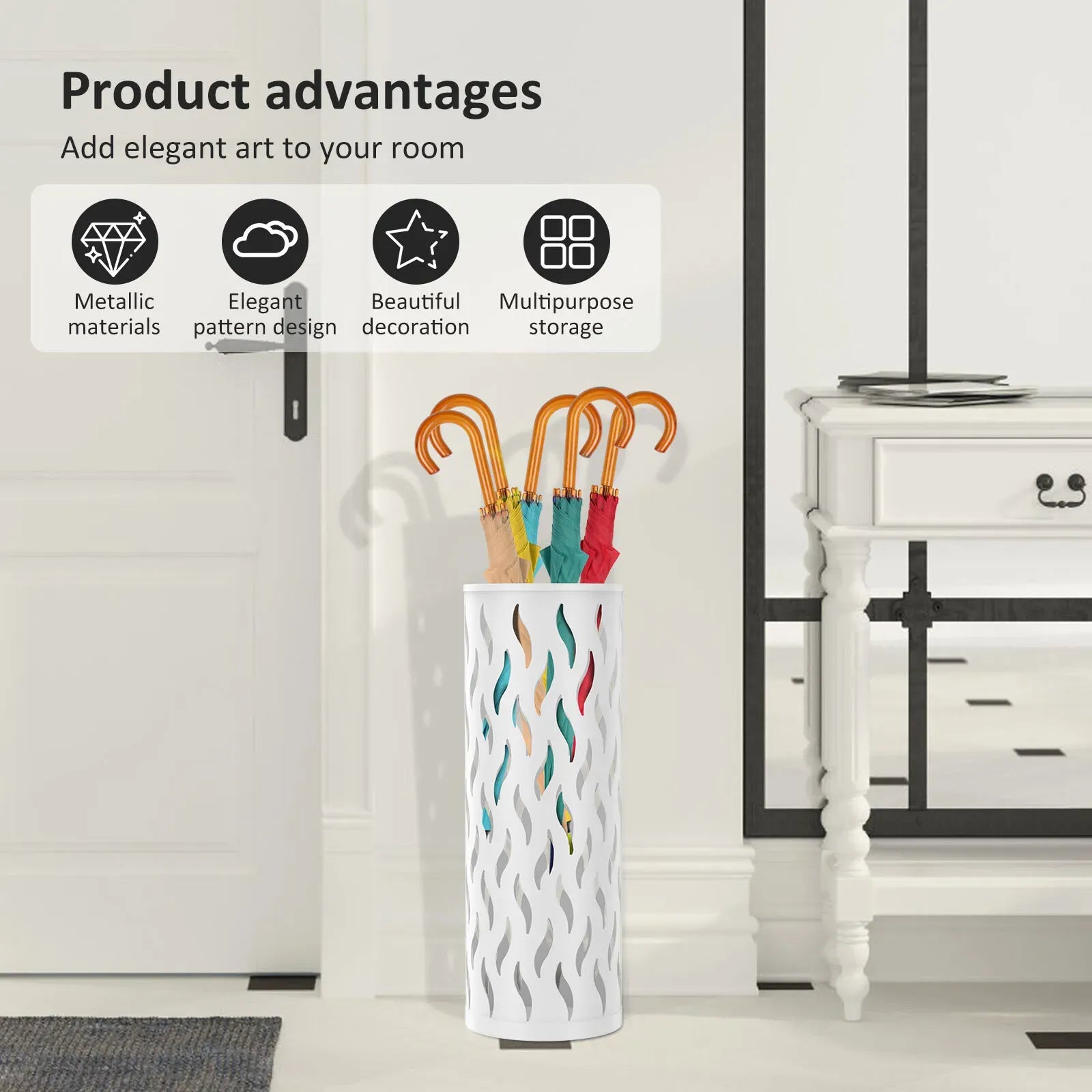 Metal Umbrella Stand in Black - Hollowed Design, 15x15x42cm, Holds 4-6 Long Umbrellas