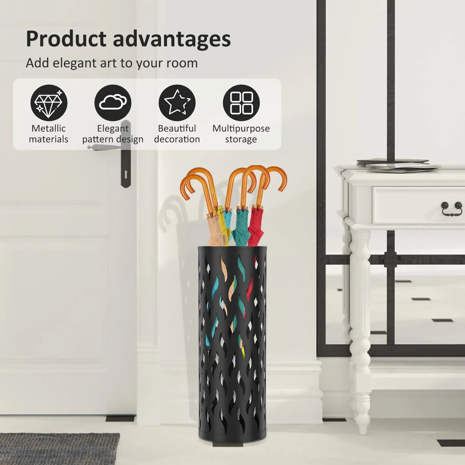 Metal Umbrella Stand in Black - Hollowed Design, 15x15x42cm, Holds 4-6 Long Umbrellas