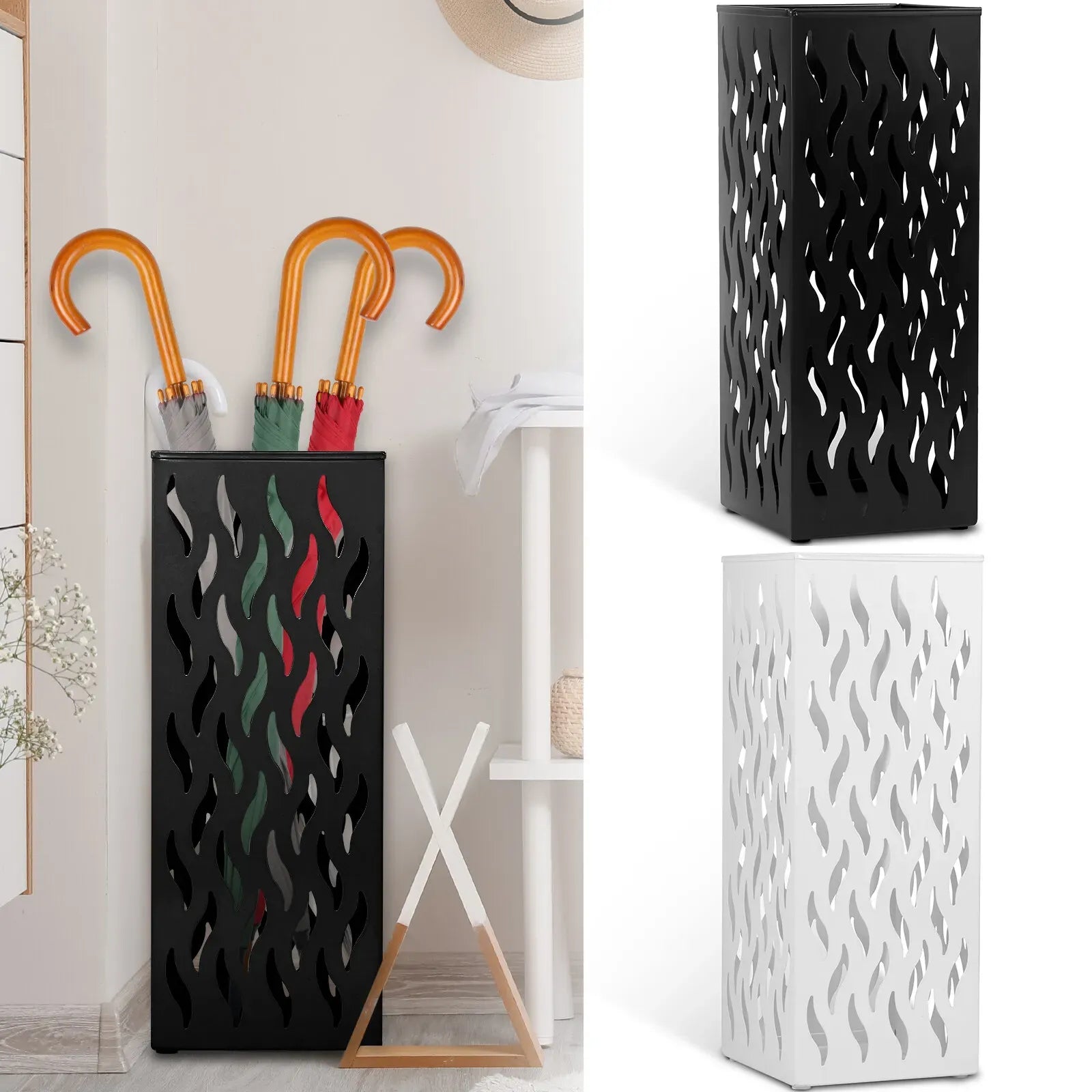 Rectangular Black Metal Umbrella Stand Holder - Space-Saving Design, 16.5x16.5x42cm