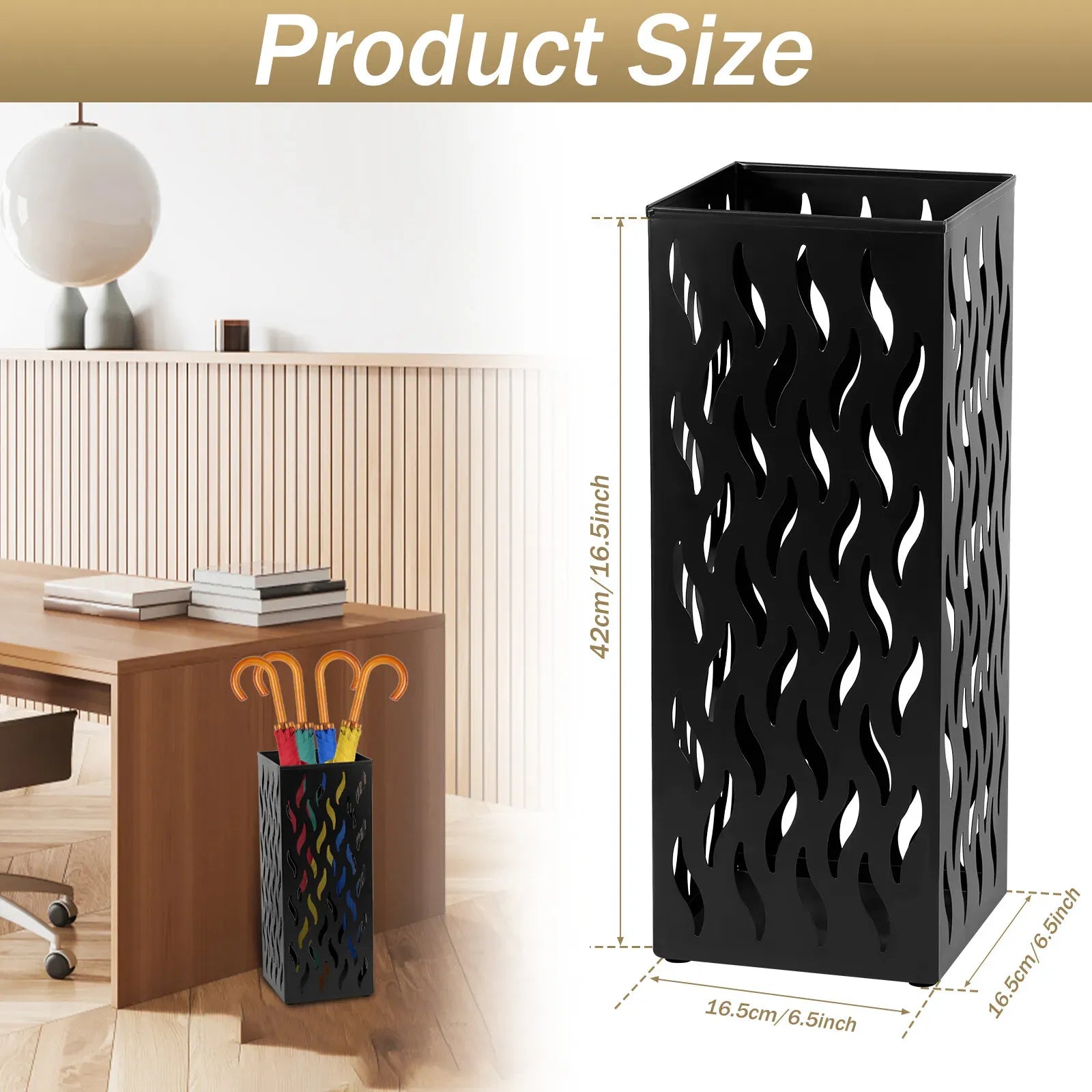 Rectangular Black Metal Umbrella Stand Holder - Space-Saving Design, 16.5x16.5x42cm