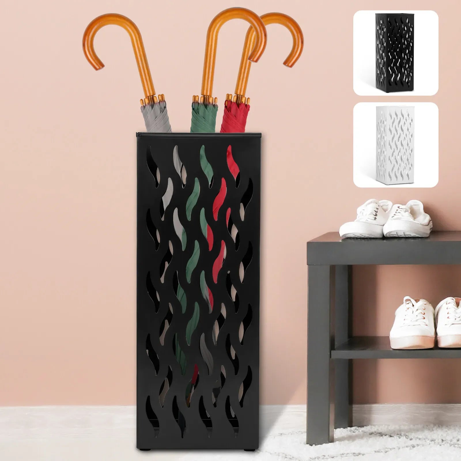 Metal Umbrella Stand Rack in White - Rectangular Design, Holds 4-8 Umbrellas, 16.5x16.5x42cm