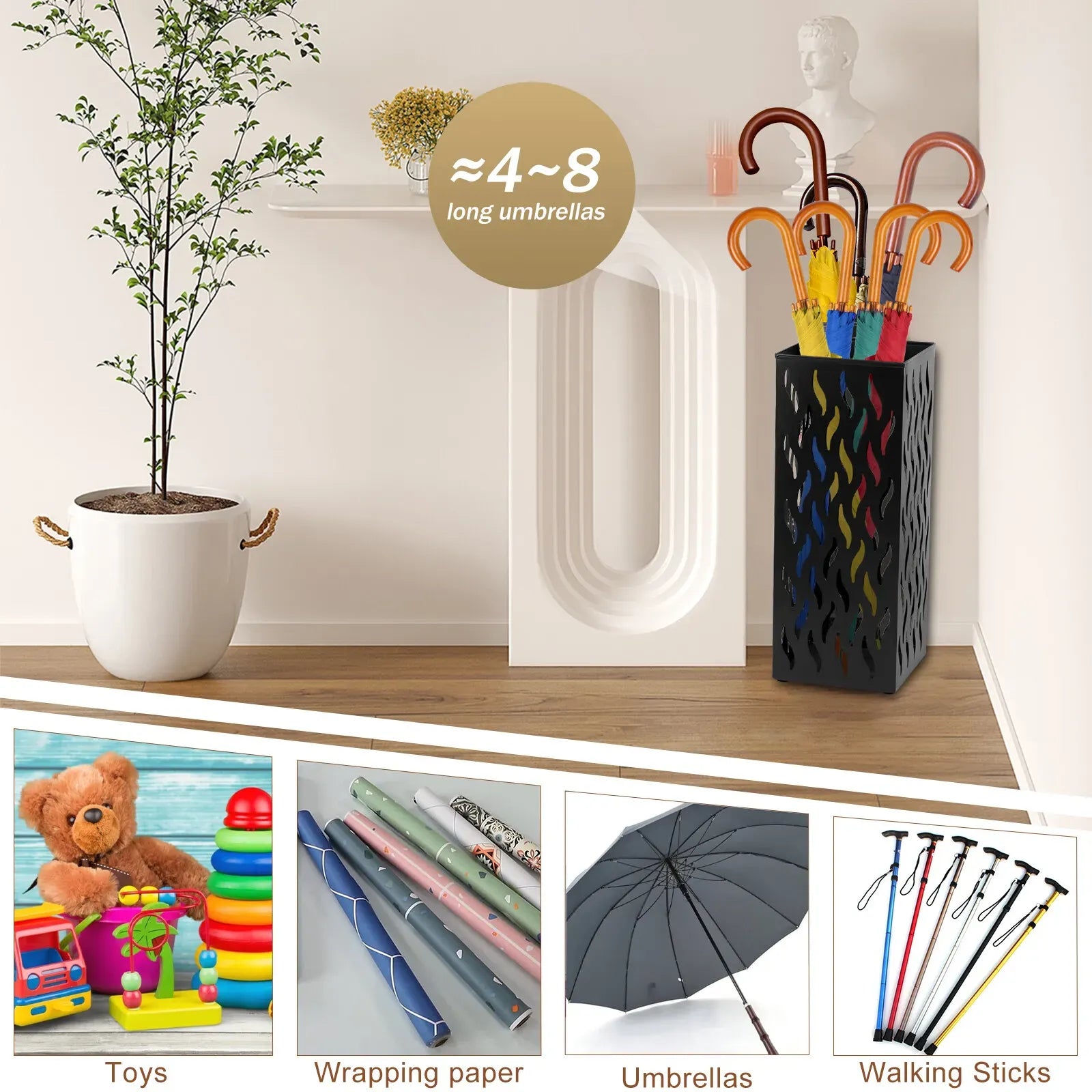 Metal Umbrella Stand Rack in White - Rectangular Design, Holds 4-8 Umbrellas, 16.5x16.5x42cm