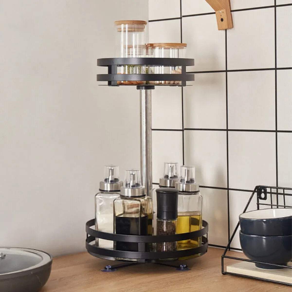 Black Kitchen Rotating Spice Rack - Double Layer Carbon Steel Organizer