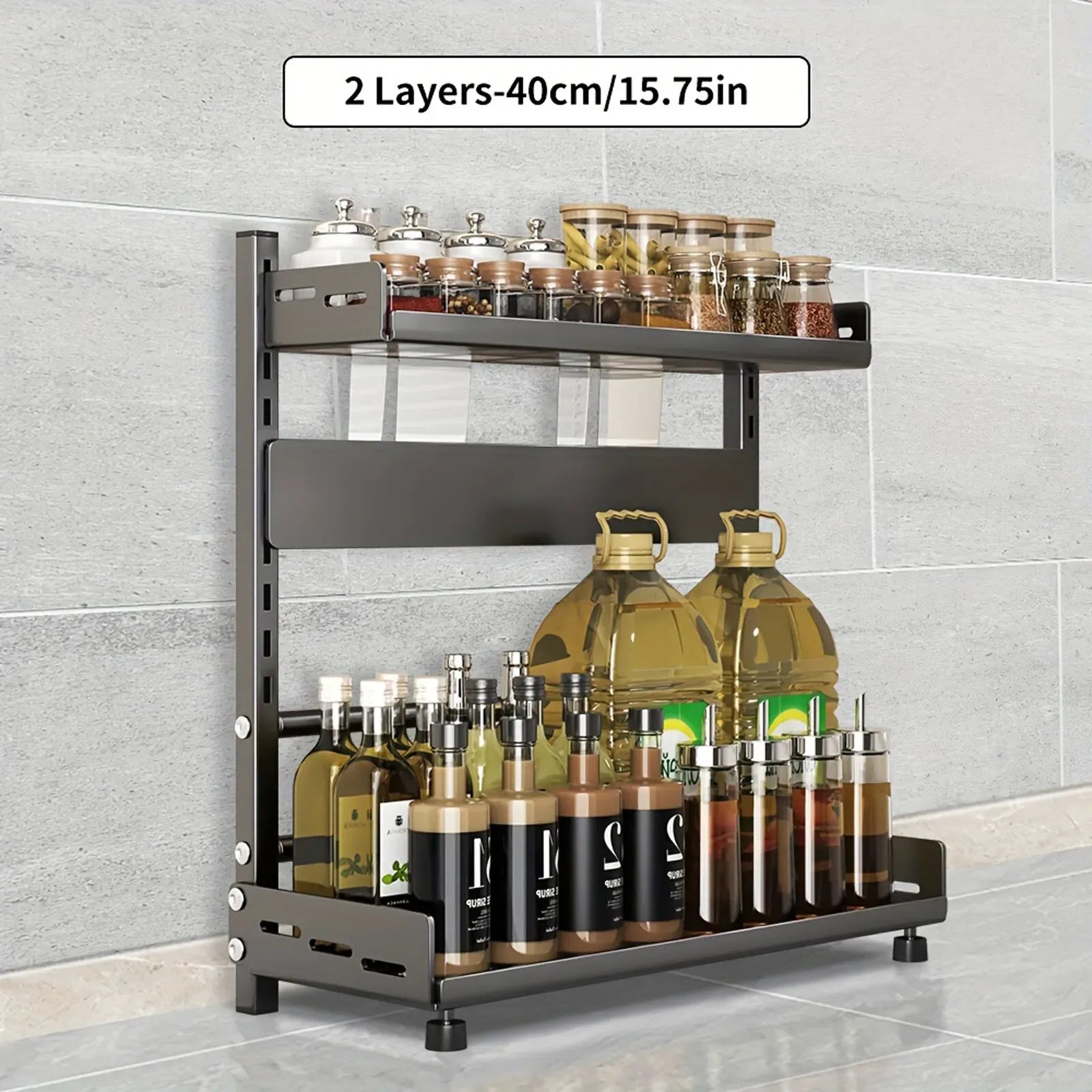 3-Tier Black Stainless Steel Spice Rack Kitchen Condiment Storage Shelf 40x16x54cm