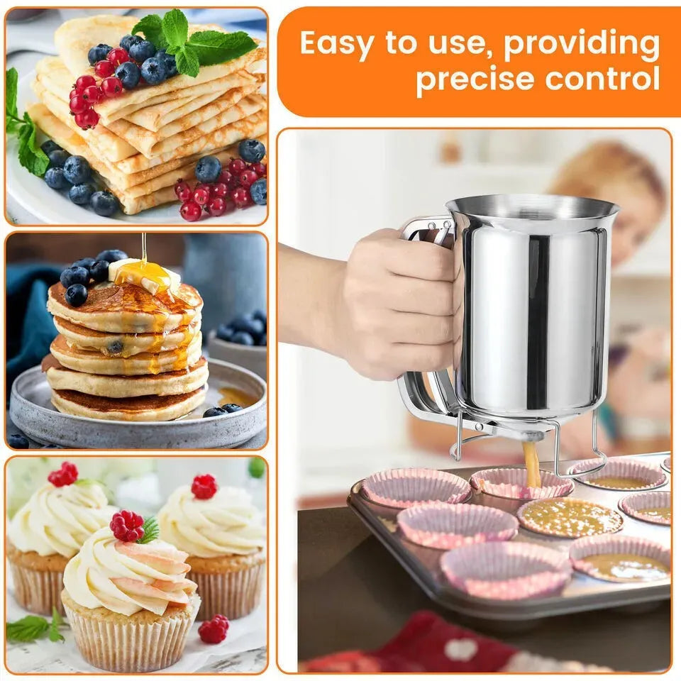 Silver Stainless Steel Pancake Batter Dispenser for Baking Cupcakes, Waffles, and Cakes - 15.5x10cm