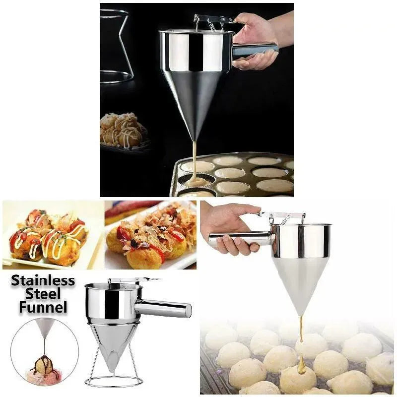Stainless Steel Funnel Dispenser for Donuts, Cupcakes, and Pancakes - 21cm Height, Silver