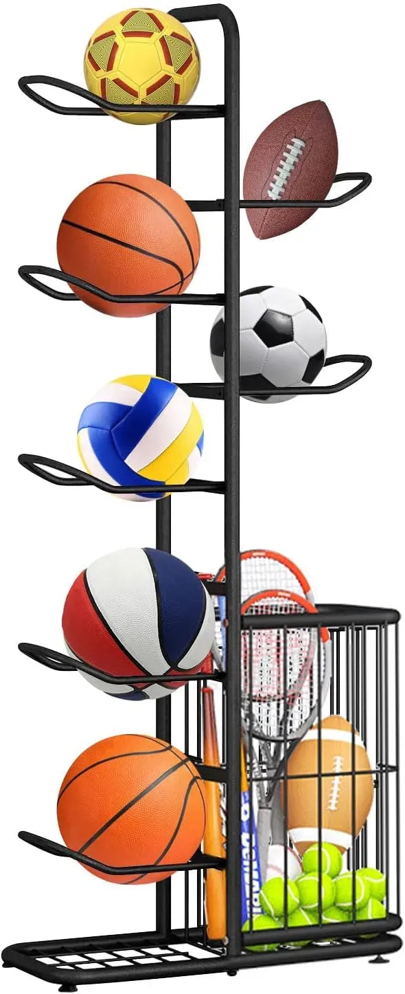 Black Ball Storage Rack for Football, Basketball, Soccer, and Volleyball - 58x23.5x146cm