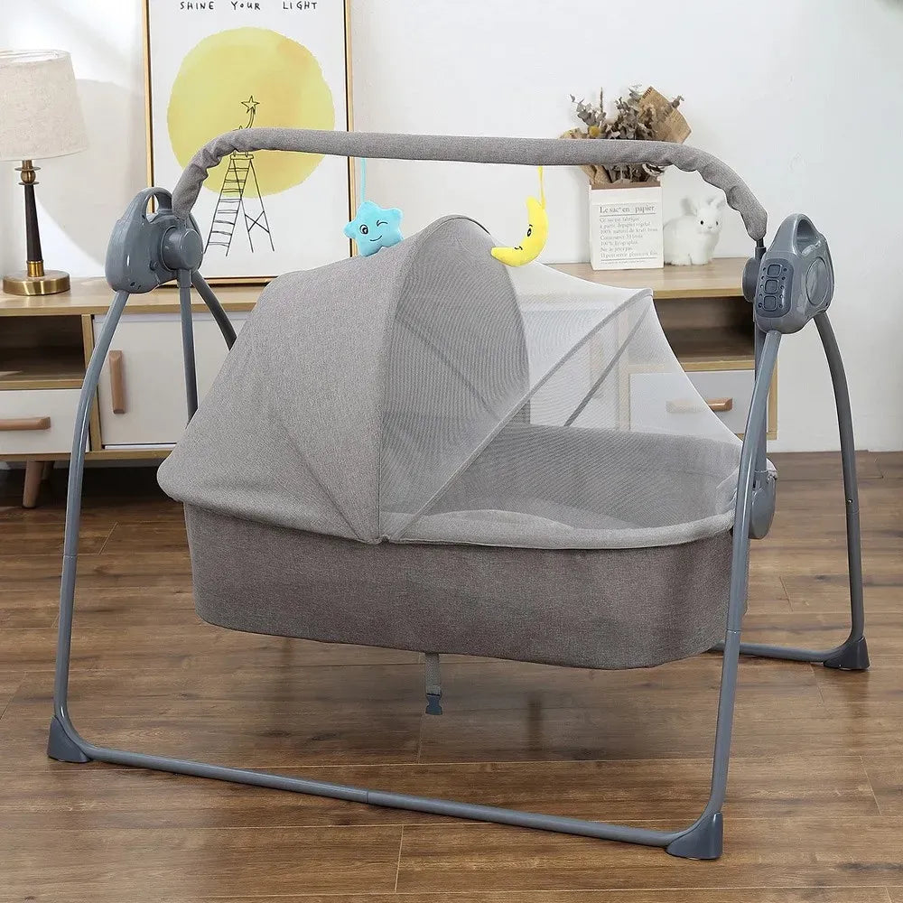 Electric Bassinet Crib Grey Baby Cradle with Lullabies and Remote Control