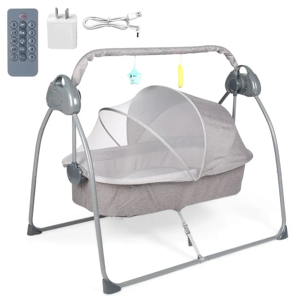 Electric Bassinet Crib Grey Baby Cradle with Lullabies and Remote Control