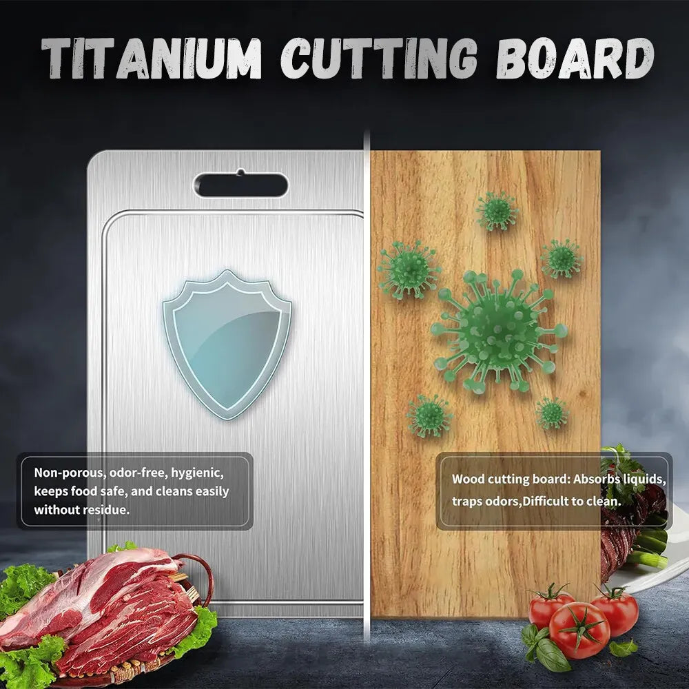 Double-Sided Titanium Cutting Board in Silver, 36x25CM, Heat Resistant for Kitchen and Camping