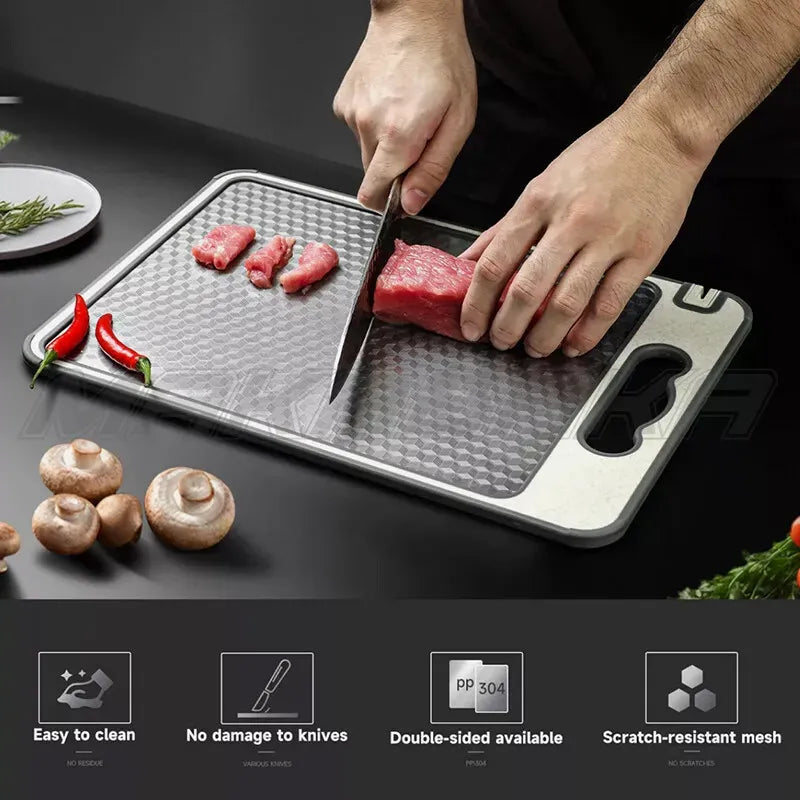 Titanium Double-Sided Cutting Board, 36.5x25cm, Silver, Stainless Steel for Kitchen and Camping