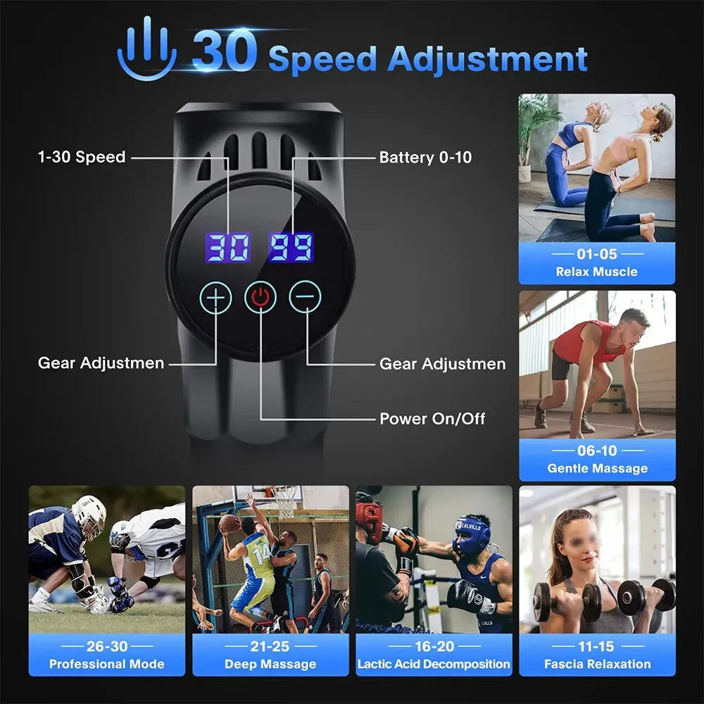 Deep Tissue Massage Gun Black with 10 Interchangeable Heads and 30 Adjustable Speeds