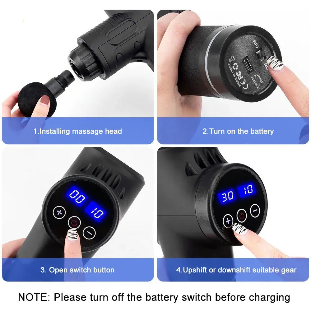 Deep Tissue Massage Gun Black with 10 Interchangeable Heads and 30 Adjustable Speeds