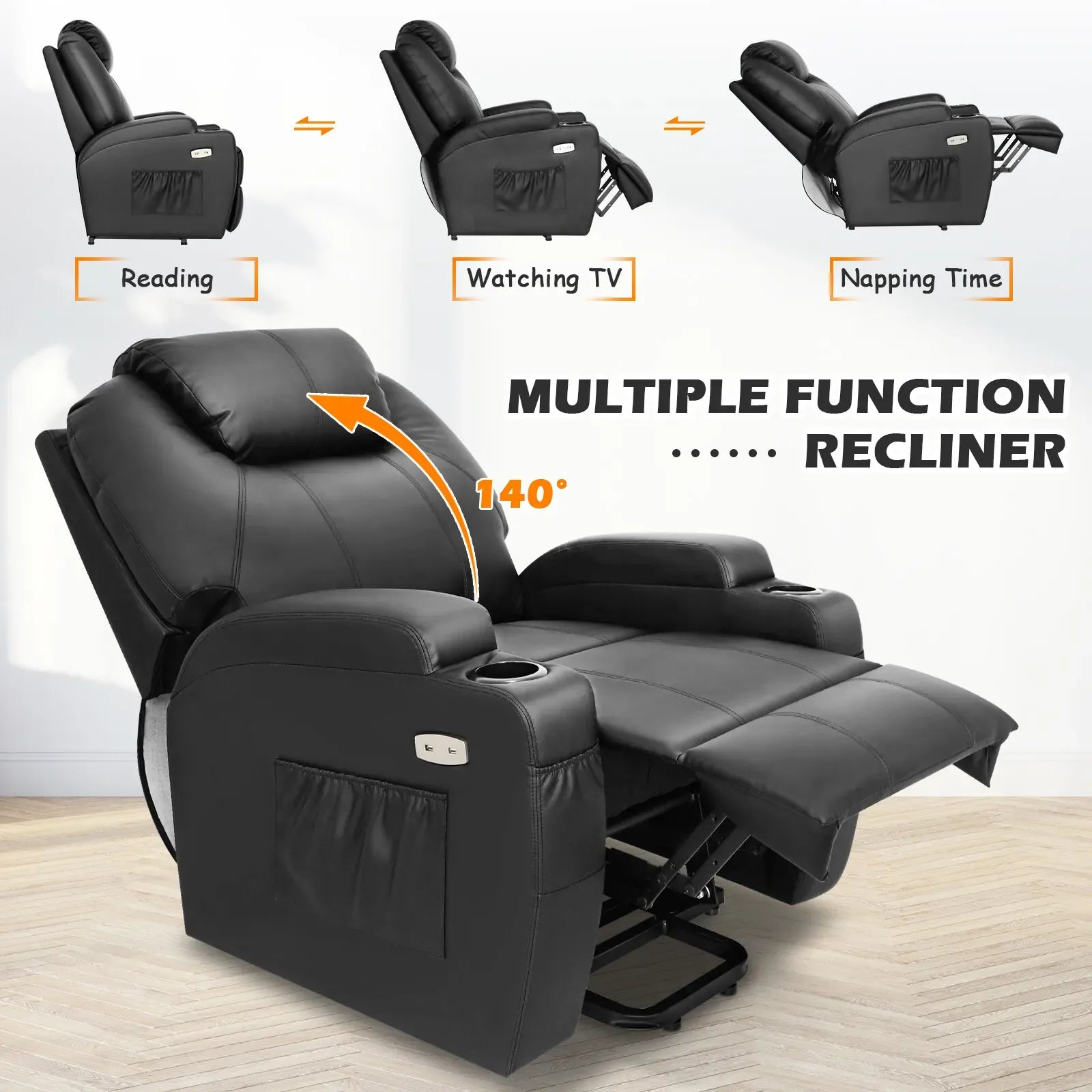 Brown Electric Massage Recliner Chair in Black with Heating and Vibration, 108x100x85cm