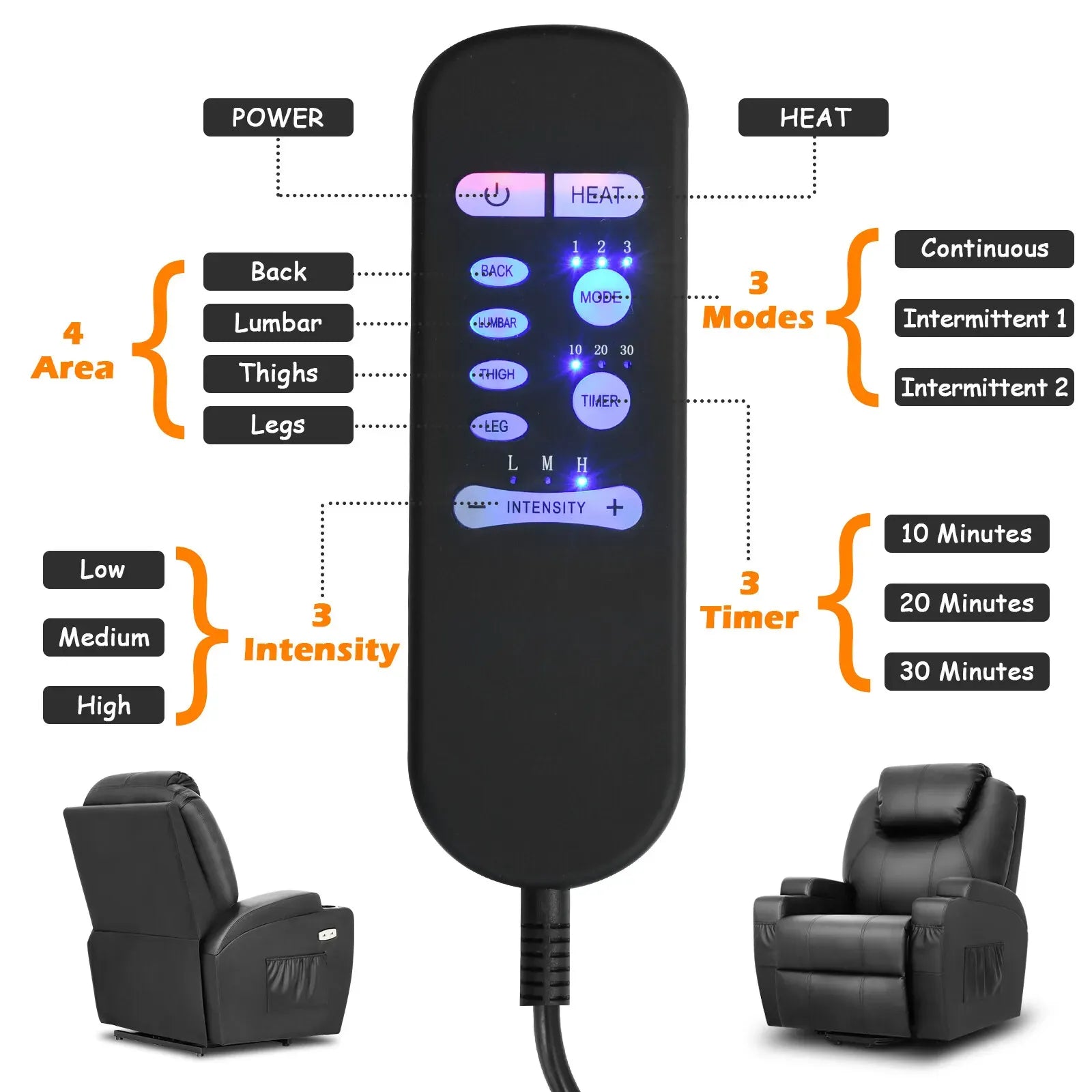 Brown Electric Massage Recliner Chair in Black with Heating and Vibration, 108x100x85cm