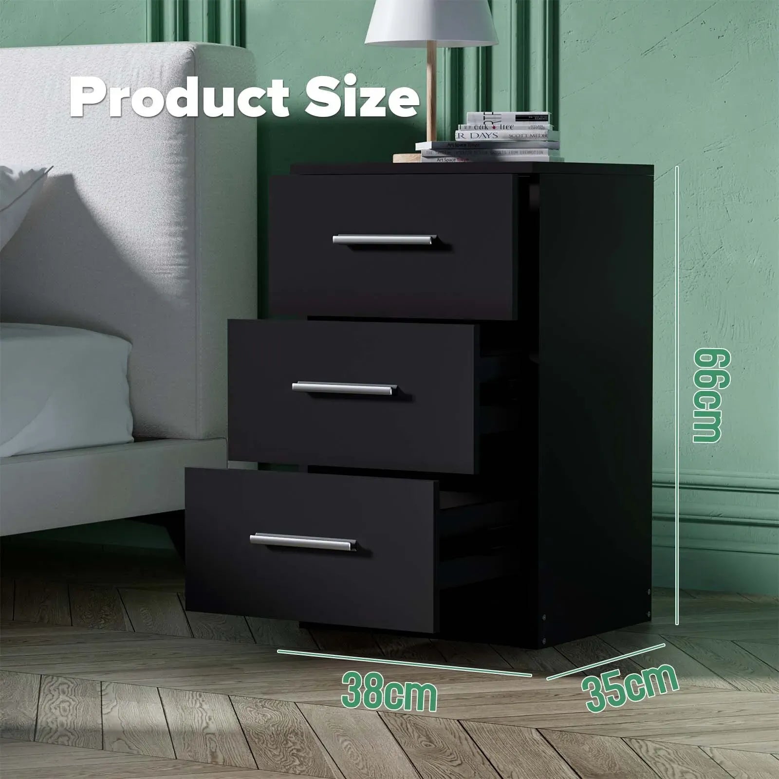 Black White Black Bedside Table with 3 Drawers, Modern Design, 38x35x66cm Storage Cabinet