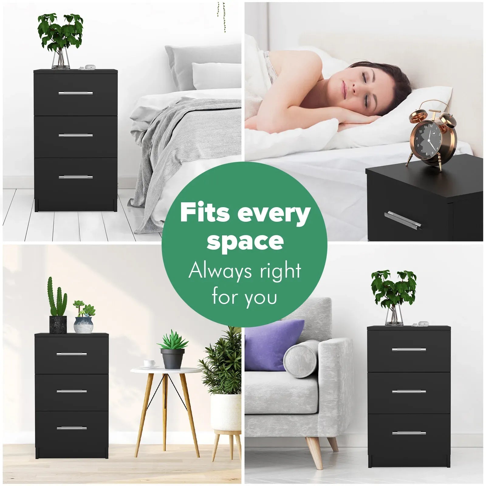 Black White Black Bedside Table with 3 Drawers, Modern Design, 38x35x66cm Storage Cabinet