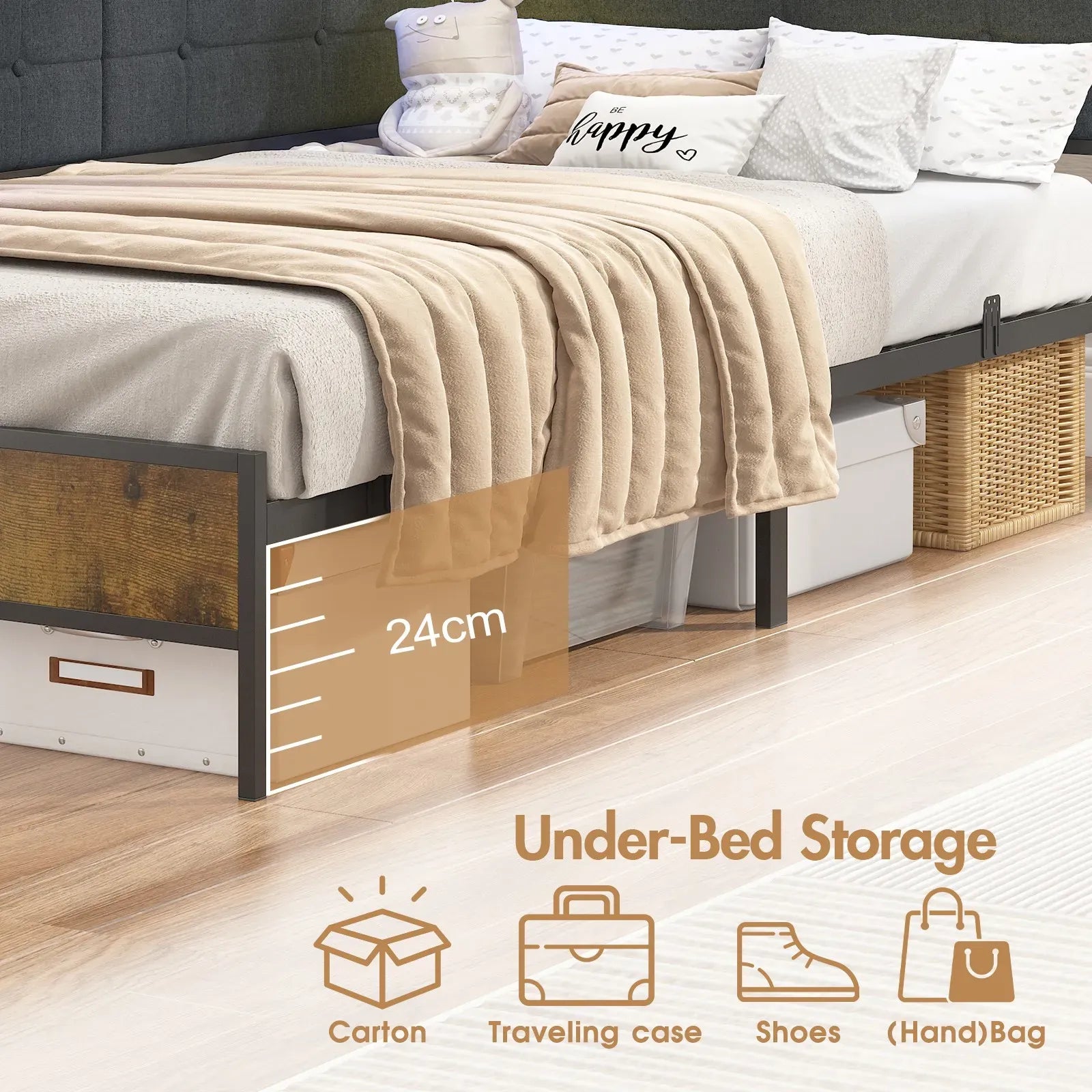 Walnut Single LED Corner Bed Frame in Black with 2 Storage Drawers and Charging Station